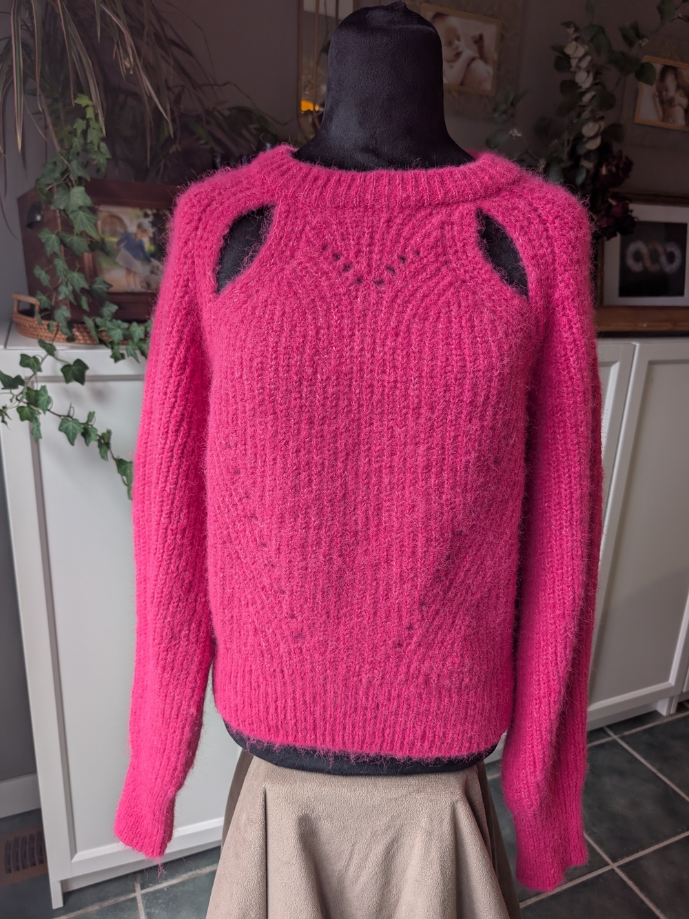 Astr Hot Pink Crewneck Sweater with Shoulder Cutouts